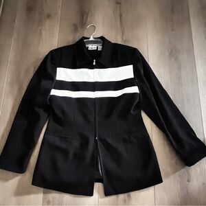 Newport News Styleworks Black White Jacket Women Small Zip Faux Pocket Lined VTG
